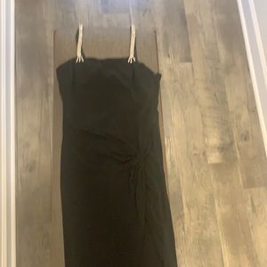 Dramatic Black floor length Dress-Rhinestone Straps & ruching on one side